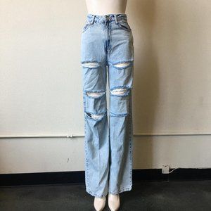 BERSHKA DISTRESSED HIGH RISE WIDE LEG DISTRESSED JEANS